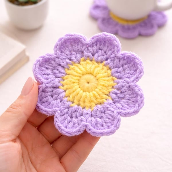 Patrón de crochet para posavasos de flores (PDF), tapete floral para taza para principiantes, posavasos de margaritas de 8 pétalos, descarga digital
