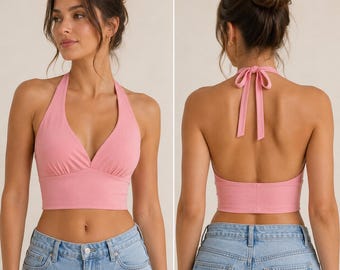 Tutorial em PDF para confecção de top cropped com decote halter, guia de costura passo a passo, ideal para iniciantes, download instantâneo.