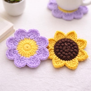 Flower & Sunflower Coaster Crochet Pattern Bundle, 2-in-1 PDF, Beginner Friendly, Instant Download