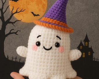 Patrón fantasma de ganchillo para principiantes, PDF de peluche Amigurumi, sombrero de bruja de Halloween (Descarga digital)