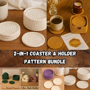 2 Crochet Patterns Bundle | Rounds Coasters with Round Holder + Box Style Holder