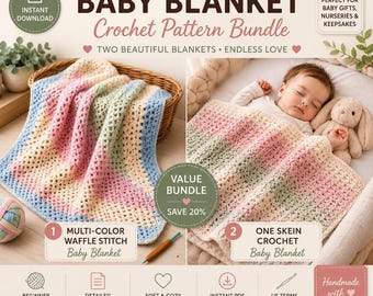 2 Baby Blanket Crochet Pattern Bundle PDF | Waffle Stitch & One Skein Blanket | Easy Beginner Baby Afghan | Instant Download