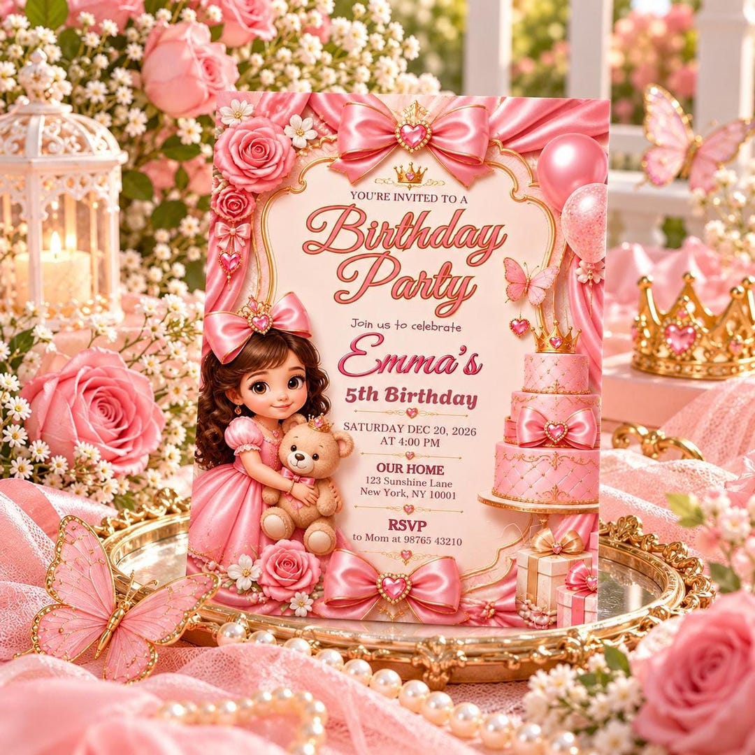 Pink Roses Invite Pink Birthday Invite, Editable 5x7 Canva Template With Satin Bows and ...
