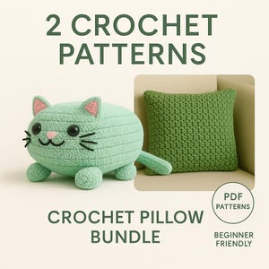 Puede incluir: Un paquete de patrones de crochet para cojines. La imagen muestra una almohada con forma de gato verde menta y una almohada cuadrada verde. El texto incluye "2 Crochet Patterns", "Crochet Pillow Bundle", "PDF Patterns" y "Beginner Friendly".