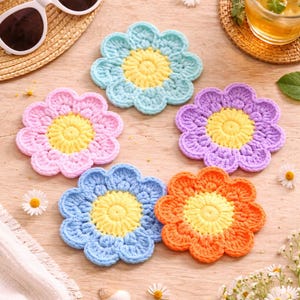 Flower Coaster Crochet Pattern PDF, Beginner Floral Mug Rug, 8 Petal Daisy Coaster, Digital Download