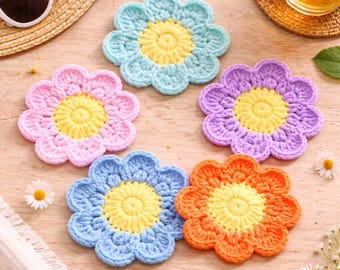 Flower Coaster Crochet Pattern PDF, Beginner Floral Mug Rug, 8 Petal Daisy Coaster, Digital Download