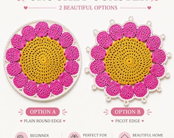 Crochet Flower Coaster Pattern | 2 Edge Options (Simple Round + Picot Edge) | Beginner Friendly  | PDF