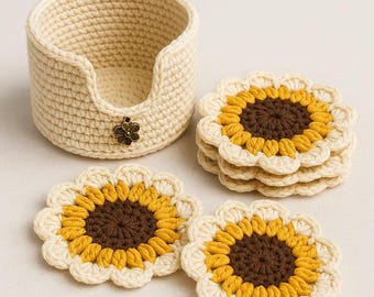 Set di sottobicchieri all'uncinetto a forma di girasole con motivo a supporto • Tutorial PDF facile • Regalo per la decorazione della casa
