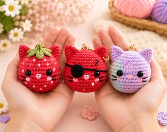 Mini Cat Face Crochet Pattern Bundle PDF | Amigurumi Cat Keychain Pattern | Kawaii Plush Cat Crochet Tutorial | Beginner Friendly