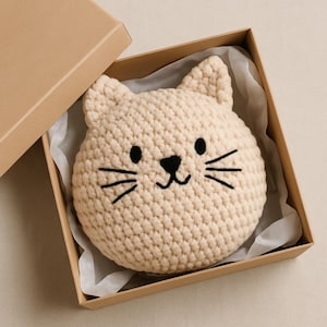 May include: A beige crocheted cat-shaped pillow with black embroidered facial features, including eyes, nose, and whiskers, is presented inside a brown cardboard box. The pillow is round and has two pointed ears. The box is open, revealing the pillow nestled on white tissue paper.