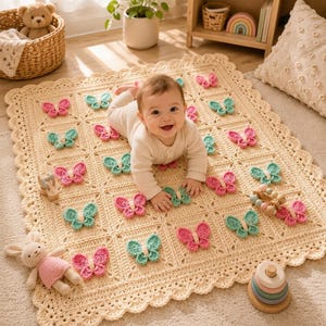 Schema PDF per realizzare una farfalla all'uncinetto, design 3D per una copertina per neonati a quadrati stile nonna