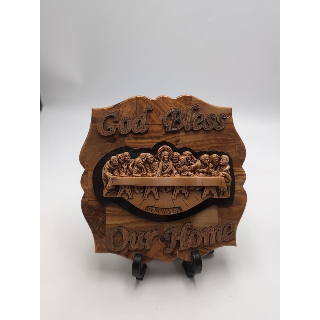 Olive Wood Last Supper Plaque God Bless Our Home Handcarved Jerusalem ...