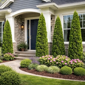 May include: A residential home entrance featuring a dark blue front door, stone siding, and a landscaped garden. Four tall, conical evergreen shrubs stand in a row, complemented by pink hydrangea bushes and rounded green shrubs along a stone walkway.