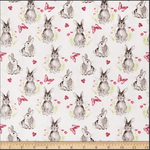 Riley Blake Design's - Novelty of the Month - Pretty Bunnies and Flowers - White - Very hard to find