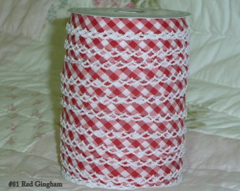 Red Crochet edge bias tape, crochet bias tape, lace bias tape, Red bias tape, gingham bias tape,  (No. 81)