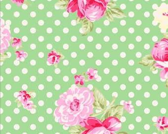 Tany Whelan, POSIE, Green Dots and Roses Fabric, Cotton Fabric, Tanya Whelan Quilt Fabric , By the Yard, TW07 Green