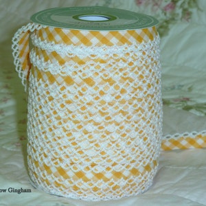 Yellow Crochet edge bias tape, crochet bias tape, lace bias tape, Yellow bias tape, gingham bias tape,  (No. 84)