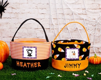 Gepersonaliseerde Trick or Treat Halloween-snoepzakjes voor kinderen voor meisje of jongen Halloweenmandemmer Aangepaste naam mand Halloween-tas Cadeau voor kinderen
