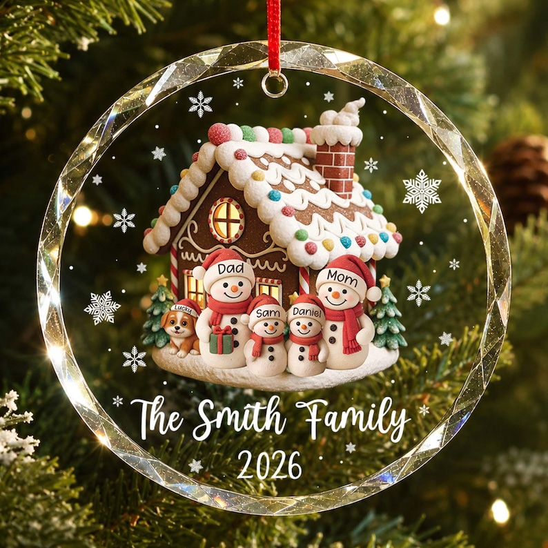 Custom Snowman Family Glass Ornament, Personalized Gingerbread House
