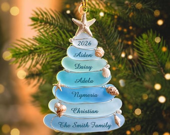 Custom Sea Glass Tree Ornament, Personalized Beach Family Christmas Decor, Coastal Keepsake 2026, Ocean Lover Holiday Bauble, Starfish Art