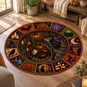Peut inclure: Un tapis rond présentant une illustration centrale en 3D d'un escalier en colimaçon en pierre avec un chat noir, un fantôme et des lanternes. La bordure se compose de douze panneaux carrés illustrant des motifs d'Halloween comme des citrouilles.