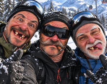 May include: Three individuals wearing winter gear, including ski goggles and knit hats, pose for a selfie in a snowy mountain setting. The person in the center has a prominent mustache and holds a cigar. All are dressed in heavy jackets.