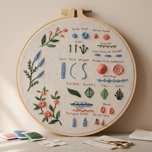 Embroidery Stitch Sampler Kit – Beginner Learning Kit with Basic Stitches Guide, DIY Needlework Starter