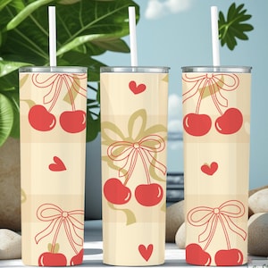 Cherry Bow Tumbler Wrap PNG, 20oz Skinny Tumbler Sublimation Design, Seamless Tumbler Wrap Digital Download, Cute Cherry Printable