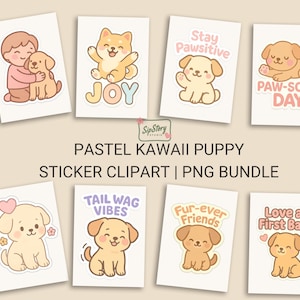 Pastel kawaii puppy sticker clipart png bundel | Leuke woordspelingen voor afdrukken en knippen, sublimatieplanners