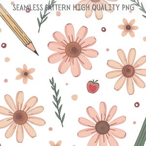 Motivo rustico boho senza soluzione di continuità con fiori vintage, matite e mele in formato PNG per sublimazione e carta digitale