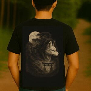 YOKAÉ Fox Spirit T-Shirt - Japanese Moonlit Torii Design - Bella Canvas Airlume Cotton Tee - Mythical Kitsune Unisex Shirt