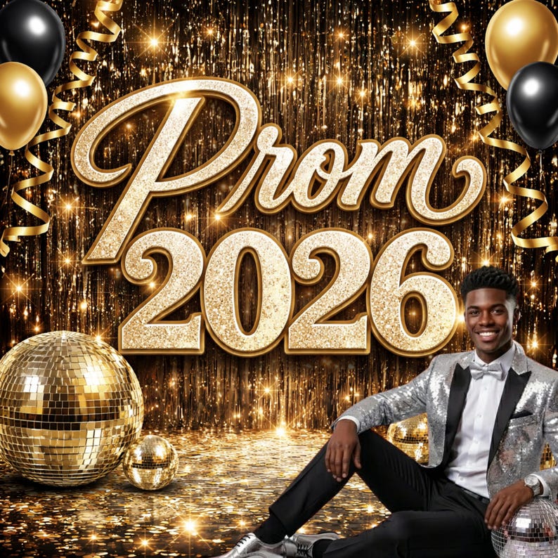Prom Streamers Prom 2026 Gold Black Backdrop, Disco Ball Glitter Tinsel Background ...