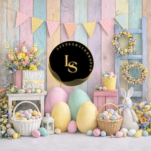 May include: An Easter-themed backdrop with pastel colors. The scene includes large Easter eggs, baskets of eggs, floral arrangements, a bunny, and a banner. The backdrop has a wooden plank design with the words "Happy Easter".