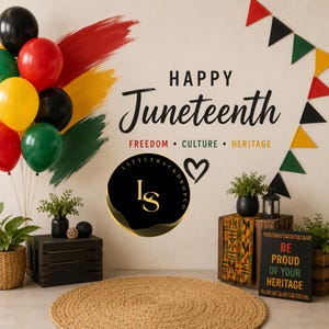 May include: A festive Juneteenth celebration scene with balloons in red, black, green, and yellow. The words "Happy Juneteenth" are displayed, along with "Freedom, Culture, Heritage." Decorative elements include a woven rug, wooden crates, and a sign that reads "Be Proud of Your Heritage."