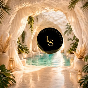 Puede incluir: Un telón de fondo fotográfico que muestra la apertura de una cueva iluminada por el sol con paredes de piedra blanca, cortinas blancas transparentes y plantas tropicales. Un logo circular negro muestra el texto dorado LITTLEBACKDROPCO y las letras LS.