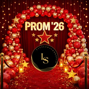 Prom 2026 Backdrop Digital 14x14, Red Gold Prom Send Off Background, Glam Star Balloon Arch Party Decor Download
