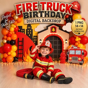 Peut inclure: Une toile de fond numérique pour un anniversaire sur le thème des pompiers avec une arche de ballons rouge, orange et jaune, une caserne, une borne d'incendie et un camion. Le texte indique FIRE TRUCK BIRTHDAY DIGITAL BACKDROP et 1 PNG 14 x 14.