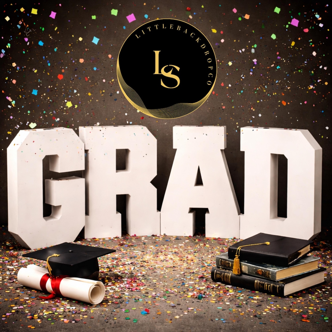 Grad Graduation Backdrop, White GRAD Letters Confetti Photo Booth ...