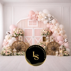 Pink Barn Digital Backdrop for Girls Cake Smash, Cowgirl First Birthday Party, Rustic Floral Farm Background, Balloon Garland Hay Download