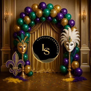 May include: A festive Mardi Gras-themed backdrop featuring a balloon arch in gold, green, and purple. Decorative masks and a fleur-de-lis stand on either side. The backdrop includes a gold curtain and the text "LITTLEBACKDROPCO".