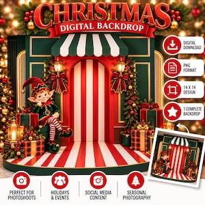 May include: A digital Christmas backdrop featuring a green and red archway with a striped floor, a seated elf character, and wrapped gift boxes. The text reads CHRISTMAS DIGITAL BACKDROP, DIGITAL DOWNLOAD, PNG FORMAT, 14 X 14 DESIGN, 1 COMPLETE BACKDROP, PERFECT FOR PHOTOSHOOTS, HOLIDAYS & EVENTS, SOCIAL MEDIA CONTENT, SEASONAL PHOTOGRAPHY.