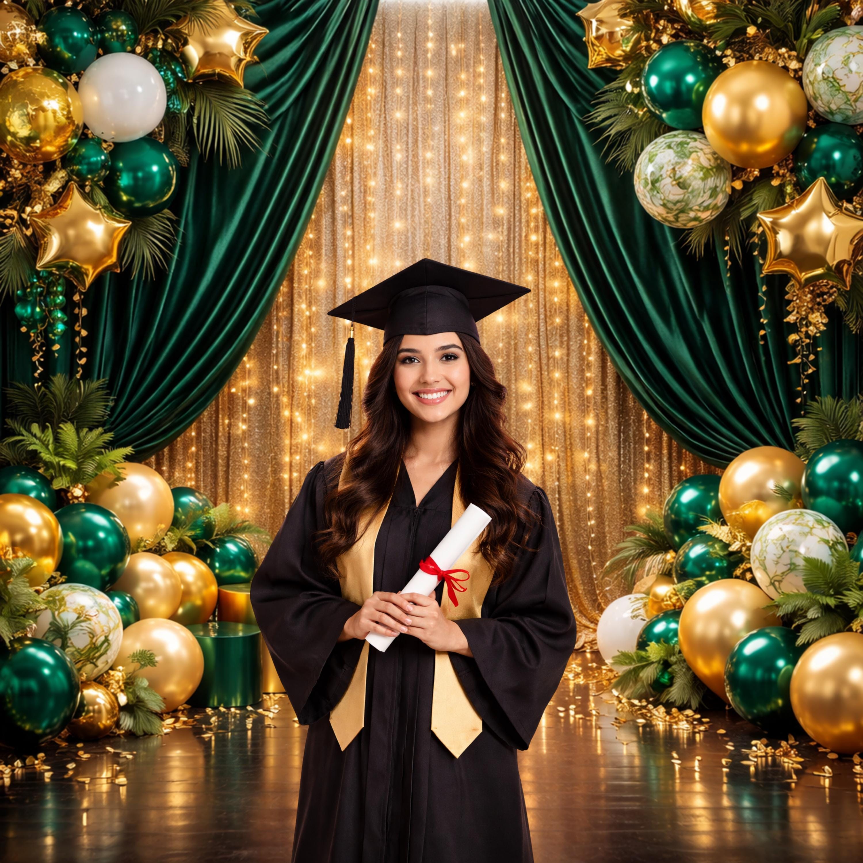 Graduation Amber Emerald Green Gold Graduation Prom Backdrop, Balloon Garland Curtain ...