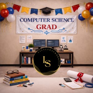 May include: A graduation backdrop with a banner reading "COMPUTER SCIENCE GRAD". The scene includes balloons, a mortarboard, and a desk with computers, books, and a diploma. The backdrop is decorated with colorful pennants.
