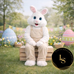 May include: A person in a white bunny costume with blue eyes and pink inner ears sits on a wooden crate. The bunny wears tan overalls. Large decorated Easter eggs and baskets of eggs are in the background. A banner with colorful flags hangs in the distance.