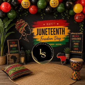 May include: A festive Juneteenth celebration backdrop featuring balloons, a drum, and decorative elements. The backdrop includes the text "Happy Juneteenth Freedom Day" and other related text. A round rug and a decorative pillow are in the foreground.