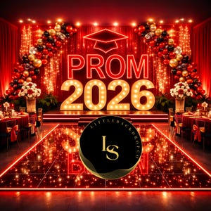 May include: A red-themed prom night setting with a glowing "PROM 2026" sign. The scene includes balloon arches, tables, and a dance floor, all illuminated with warm lighting. A graduation cap graphic is above the text.