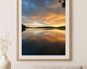 Mirror Lake at Sunset – Tranquil Water and Sky Reflection, Landscape Photography Print, Nature Wall Art, Calm Lake Sunset, Serene Sky Photo.