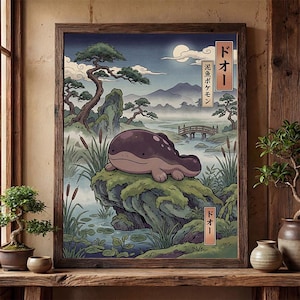 May include: A framed print depicting a purple and tan creature in a Japanese-style landscape. The artwork includes Japanese text, a bridge, and a full moon. The scene is set amongst trees, water, and mountains.