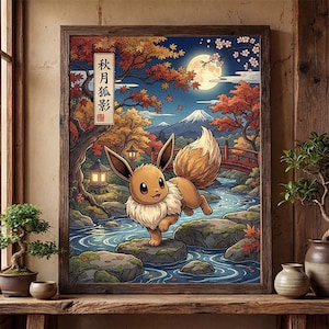 Peut inclure: Une affiche encadrée représentant un personnage de dessin animé Eevee dans un paysage japonais. L'œuvre d'art montre une rivière, un pont et des montagnes sous la pleine lune, avec des feuilles d'automne rouges et oranges. Du texte japonais est visible.