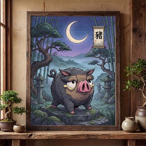 Puede incluir: Ilustración enmarcada de un jabalí de dibujos animados en un jardín japonés. El jabalí tiene un hocico rosa y colmillos amarillos. El fondo presenta una luna creciente, bambú y una pancarta con caracteres japoneses.